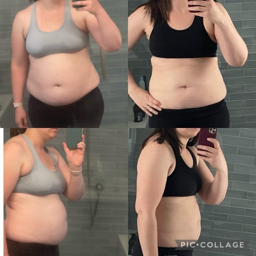 A before and after photo of a 5'7" female showing a weight reduction from 225 pounds to 200 pounds. A total loss of 25 pounds.