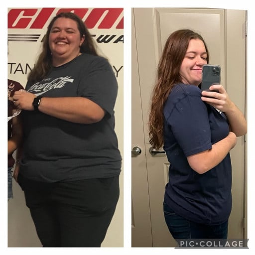 A before and after photo of a 5'11" female showing a weight reduction from 348 pounds to 218 pounds. A respectable loss of 130 pounds.
