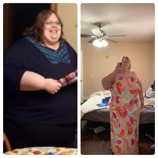 A before and after photo of a 5'6" female showing a weight reduction from 485 pounds to 320 pounds. A respectable loss of 165 pounds.