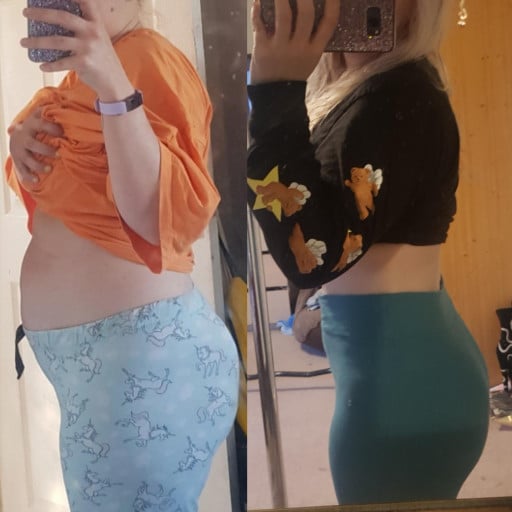 A progress pic of a 5'5" woman showing a fat loss from 180 pounds to 155 pounds. A total loss of 25 pounds.