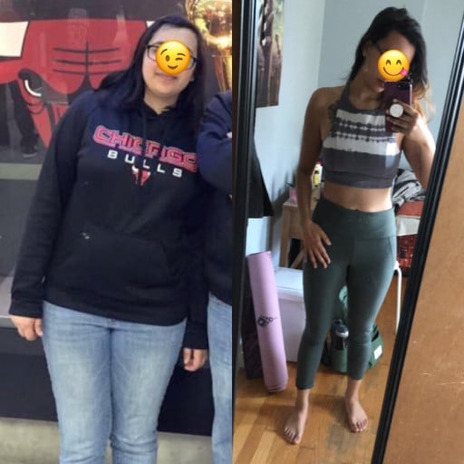 A before and after photo of a 5'4" female showing a weight reduction from 190 pounds to 130 pounds. A respectable loss of 60 pounds.