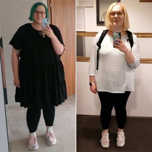 A picture of a 5'8" female showing a weight loss from 330 pounds to 262 pounds. A total loss of 68 pounds.