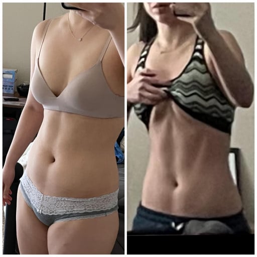 A progress pic of a 5'5" woman showing a fat loss from 142 pounds to 133 pounds. A net loss of 9 pounds.