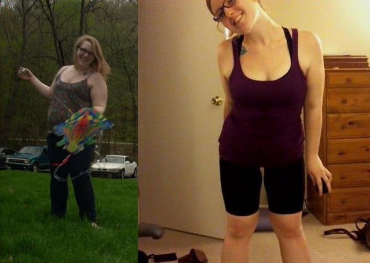 A picture of a 5'7" female showing a weight loss from 240 pounds to 180 pounds. A respectable loss of 60 pounds.