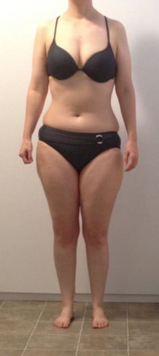 A before and after photo of a 5'7" female showing a snapshot of 154 pounds at a height of 5'7