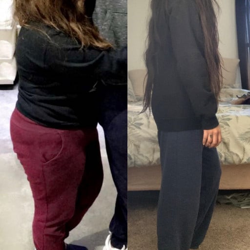A progress pic of a 5'0" woman showing a fat loss from 180 pounds to 115 pounds. A respectable loss of 65 pounds.