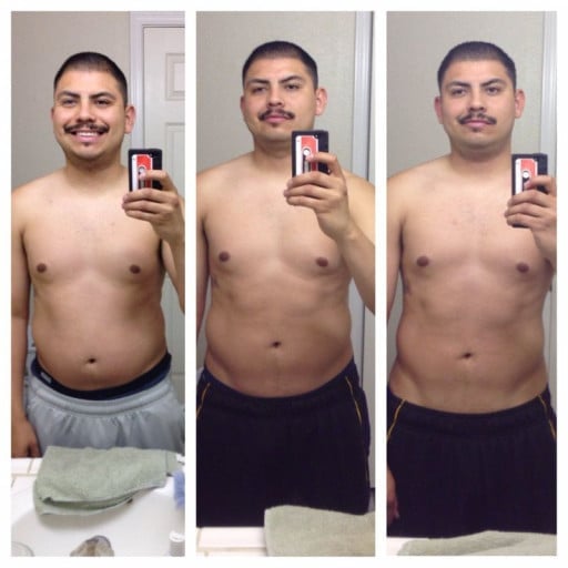 A picture of a 5'6" male showing a weight loss from 182 pounds to 164 pounds. A net loss of 18 pounds.