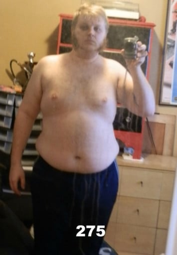 A progress pic of a 6'0" man showing a weight reduction from 275 pounds to 260 pounds. A respectable loss of 15 pounds.