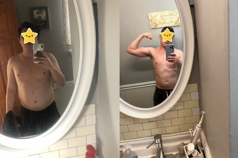 A before and after photo of a 5'7" male showing a weight reduction from 192 pounds to 164 pounds. A total loss of 28 pounds.