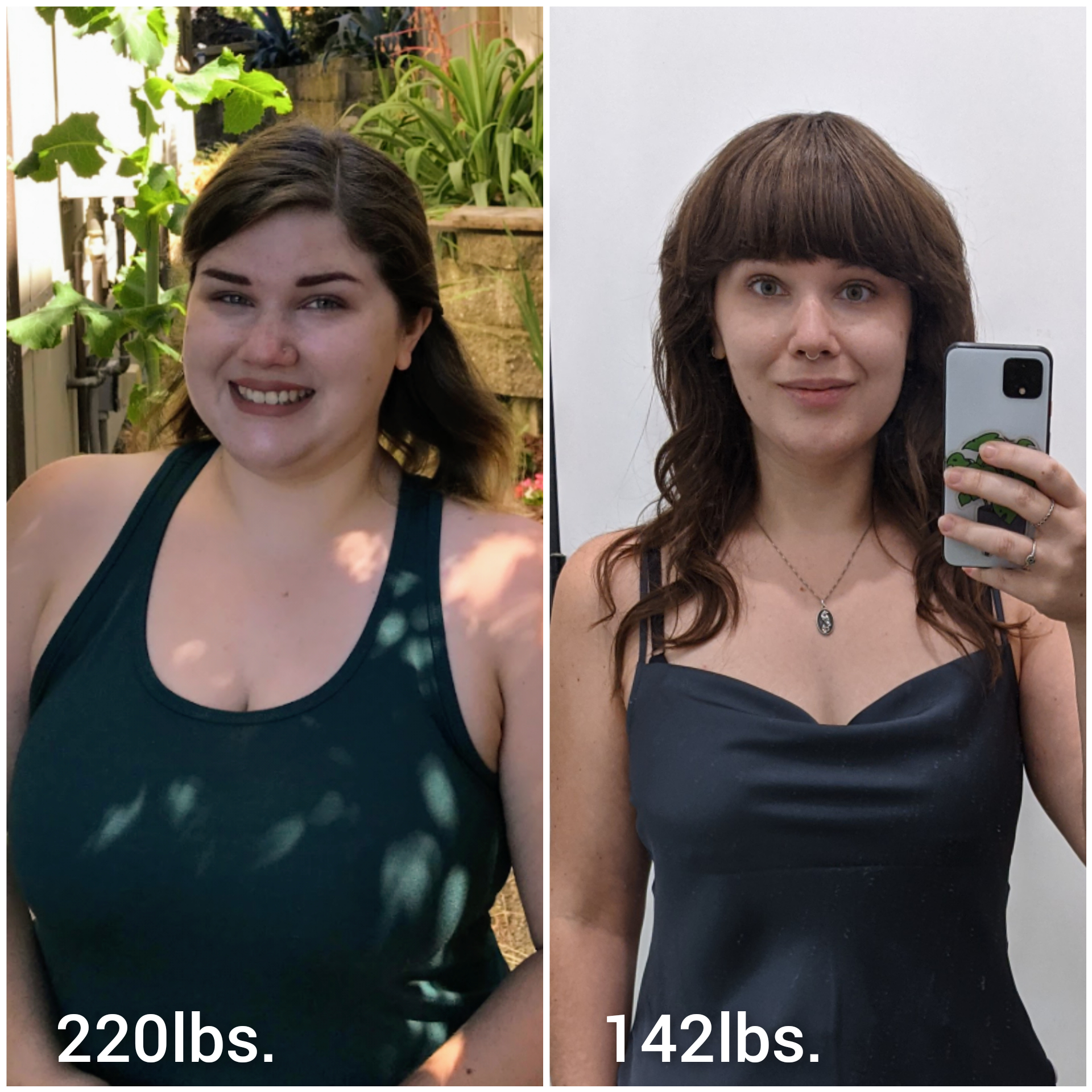 5 foot 4 Female Before and After 78 lbs Fat Loss 220 lbs to 142 lbs