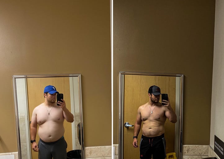 A progress pic of a 5'10" man showing a fat loss from 250 pounds to 194 pounds. A respectable loss of 56 pounds.