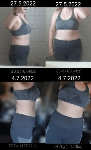 A picture of a 5'7" female showing a weight loss from 187 pounds to 176 pounds. A respectable loss of 11 pounds.
