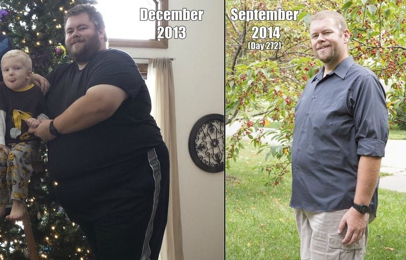 A photo of a 6'2" man showing a weight cut from 485 pounds to 285 pounds. A respectable loss of 200 pounds.