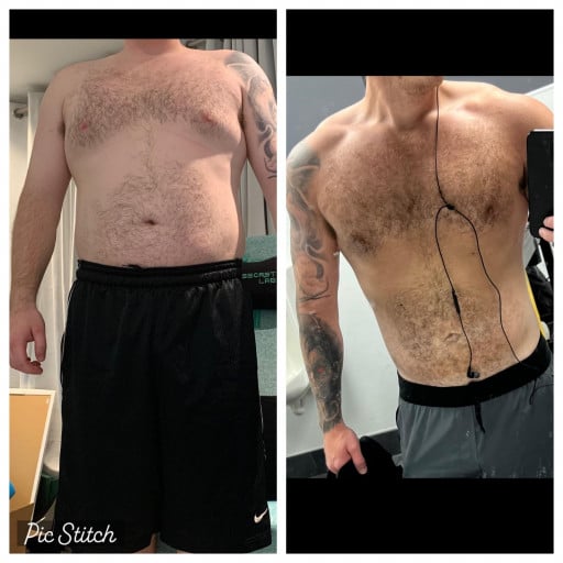 Before and After 52 lbs Fat Loss 5 foot 9 Male 220 lbs to 168 lbs