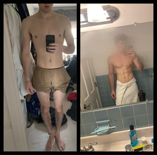 A before and after photo of a 6'4" male showing a weight gain from 170 pounds to 190 pounds. A respectable gain of 20 pounds.