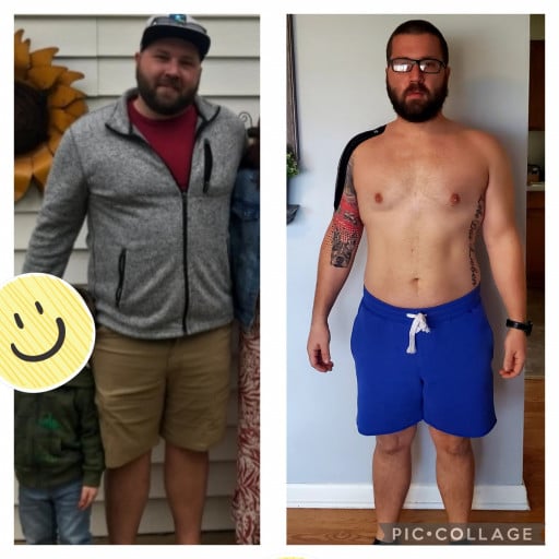 A before and after photo of a 5'9" male showing a weight reduction from 251 pounds to 205 pounds. A total loss of 46 pounds.