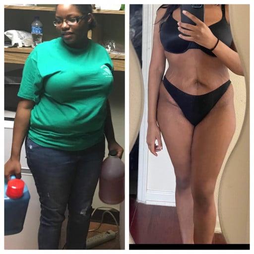 A before and after photo of a 5'3" female showing a weight reduction from 210 pounds to 148 pounds. A total loss of 62 pounds.