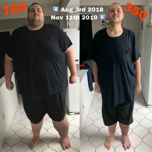 A progress pic of a 6'8" man showing a fat loss from 764 pounds to 350 pounds. A respectable loss of 414 pounds.