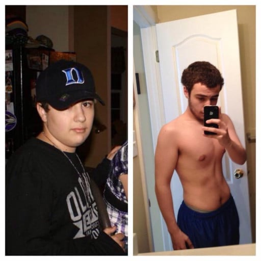 A progress pic of a 5'5" man showing a fat loss from 190 pounds to 140 pounds. A net loss of 50 pounds.
