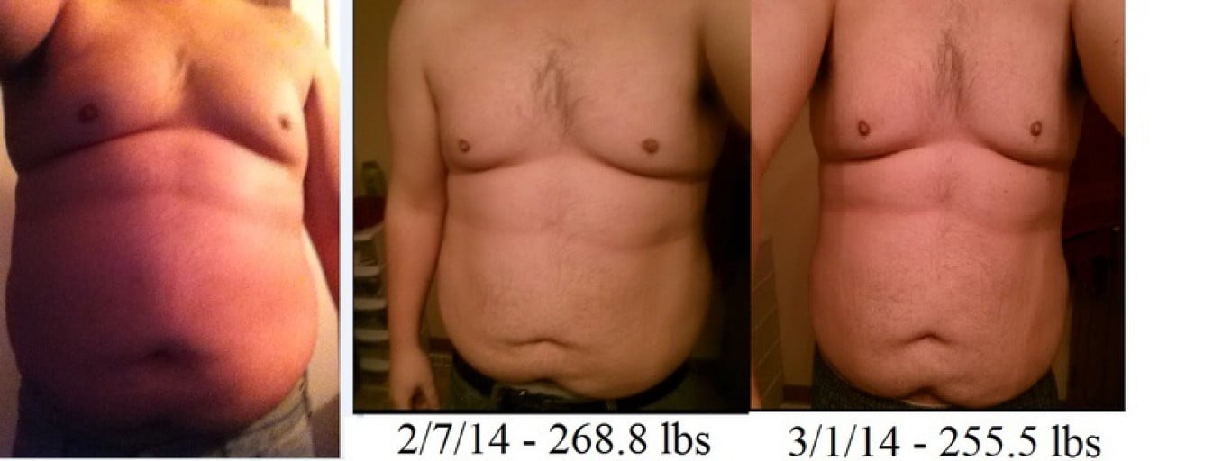 A before and after photo of a 6'0" male showing a weight cut from 310 pounds to 255 pounds. A total loss of 55 pounds.