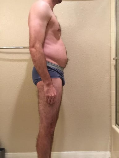 A before and after photo of a 5'11" male showing a snapshot of 166 pounds at a height of 5'11