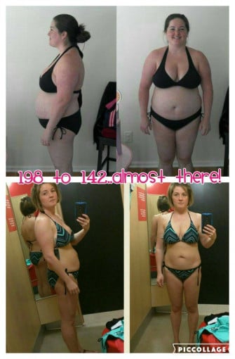 A picture of a 5'4" female showing a weight loss from 198 pounds to 136 pounds. A respectable loss of 62 pounds.