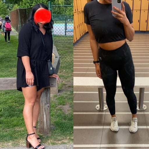 A before and after photo of a 5'6" female showing a weight reduction from 185 pounds to 165 pounds. A net loss of 20 pounds.