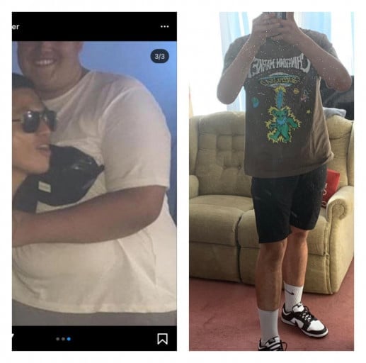 A progress pic of a 6'3" man showing a fat loss from 392 pounds to 210 pounds. A total loss of 182 pounds.
