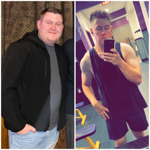 A picture of a 6'0" male showing a weight loss from 250 pounds to 202 pounds. A total loss of 48 pounds.