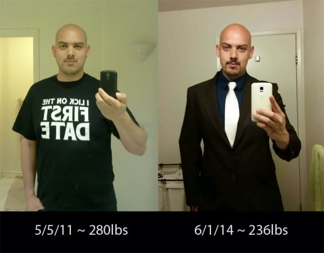 A picture of a 6'3" male showing a fat loss from 285 pounds to 236 pounds. A total loss of 49 pounds.