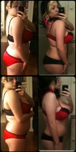 A picture of a 5'2" female showing a fat loss from 172 pounds to 148 pounds. A net loss of 24 pounds.