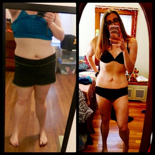 A progress pic of a 5'2" woman showing a weight loss from 179 pounds to 123 pounds. A total loss of 56 pounds.