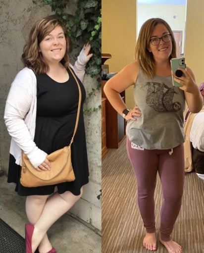 A before and after photo of a 5'3" female showing a weight reduction from 252 pounds to 182 pounds. A respectable loss of 70 pounds.
