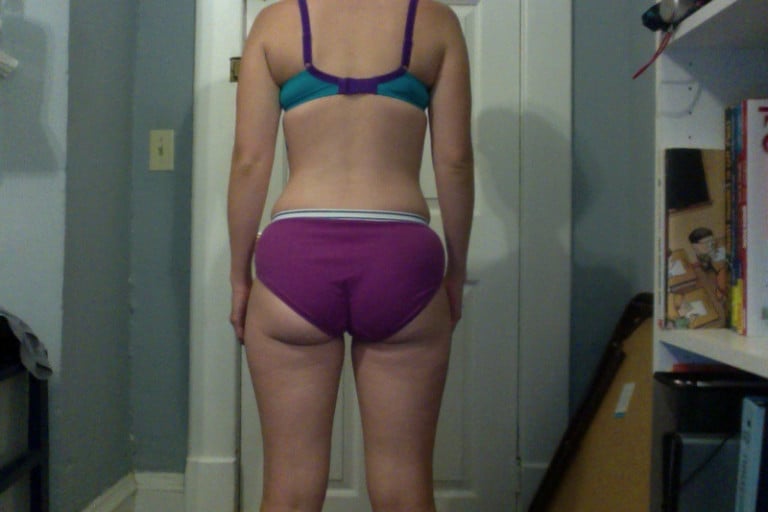 A progress pic of a 5'3" woman showing a snapshot of 123 pounds at a height of 5'3