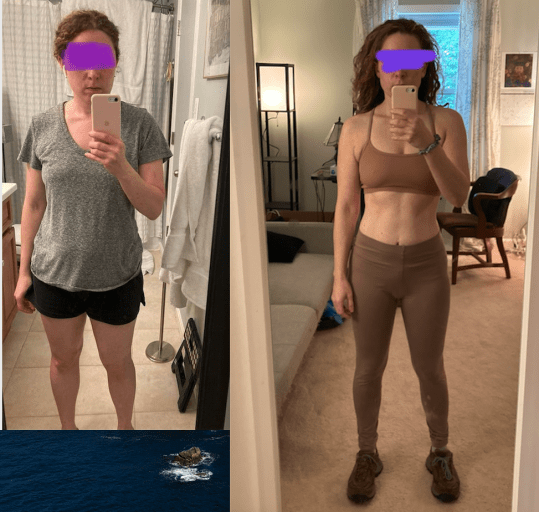 A before and after photo of a 5'2" female showing a weight reduction from 129 pounds to 122 pounds. A total loss of 7 pounds.