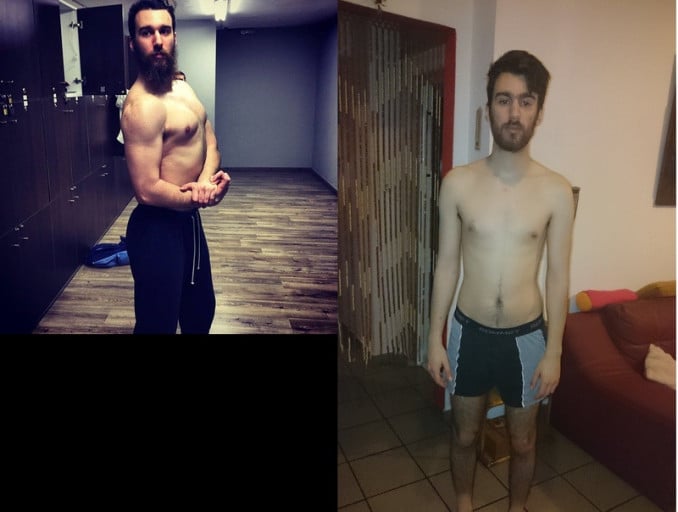 A before and after photo of a 6'0" male showing a muscle gain from 145 pounds to 168 pounds. A respectable gain of 23 pounds.