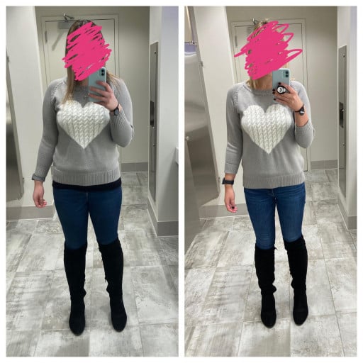 A before and after photo of a 5'7" female showing a weight reduction from 168 pounds to 147 pounds. A respectable loss of 21 pounds.