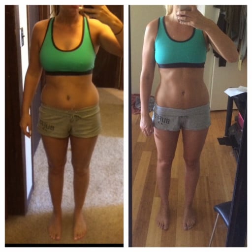 A picture of a 5'6" female showing a fat loss from 155 pounds to 123 pounds. A respectable loss of 32 pounds.