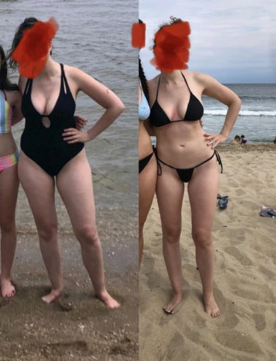 A photo of a 5'8" woman showing a weight cut from 164 pounds to 145 pounds. A net loss of 19 pounds.