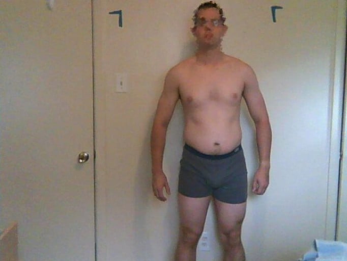 A before and after photo of a 5'11" male showing a snapshot of 183 pounds at a height of 5'11