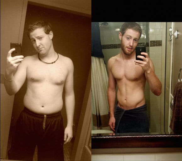 A before and after photo of a 5'11" male showing a weight reduction from 205 pounds to 170 pounds. A net loss of 35 pounds.