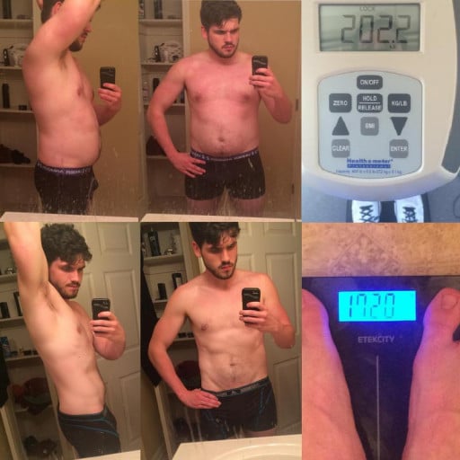 A progress pic of a 5'11" man showing a fat loss from 202 pounds to 172 pounds. A net loss of 30 pounds.