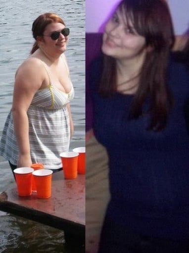 A picture of a 5'3" female showing a weight loss from 200 pounds to 150 pounds. A respectable loss of 50 pounds.