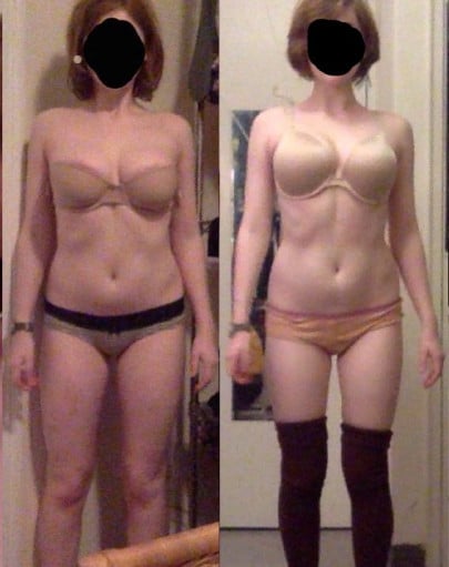A before and after photo of a 5'6" female showing a weight reduction from 135 pounds to 122 pounds. A respectable loss of 13 pounds.