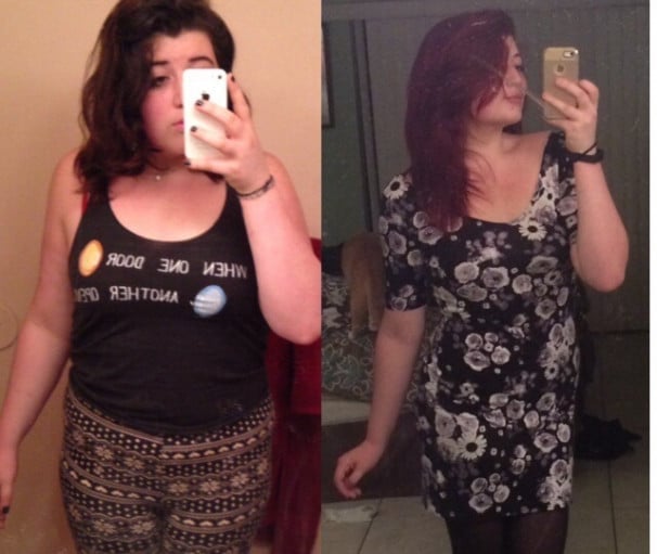 A progress pic of a 5'6" woman showing a fat loss from 185 pounds to 145 pounds. A total loss of 40 pounds.