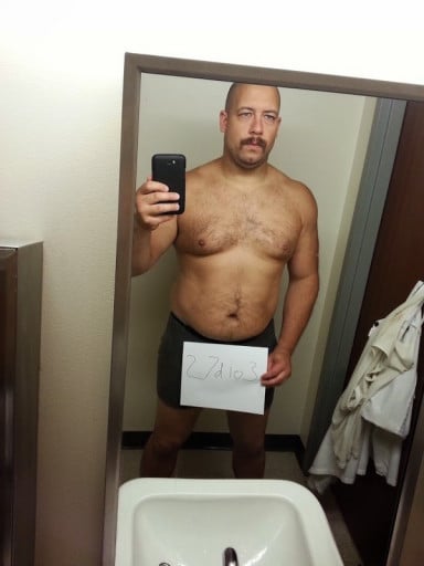 A before and after photo of a 6'1" male showing a snapshot of 256 pounds at a height of 6'1