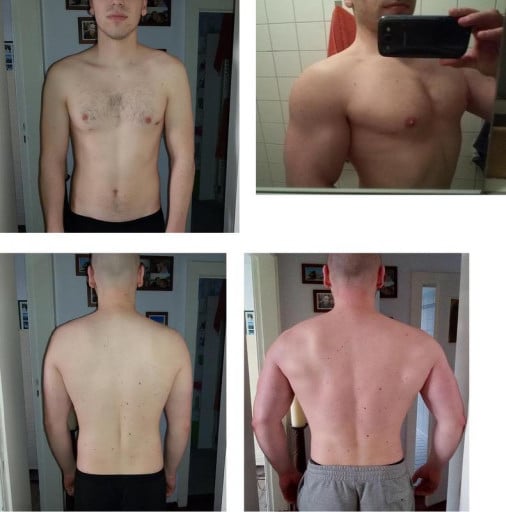 A progress pic of a 5'11" man showing a weight bulk from 161 pounds to 194 pounds. A respectable gain of 33 pounds.