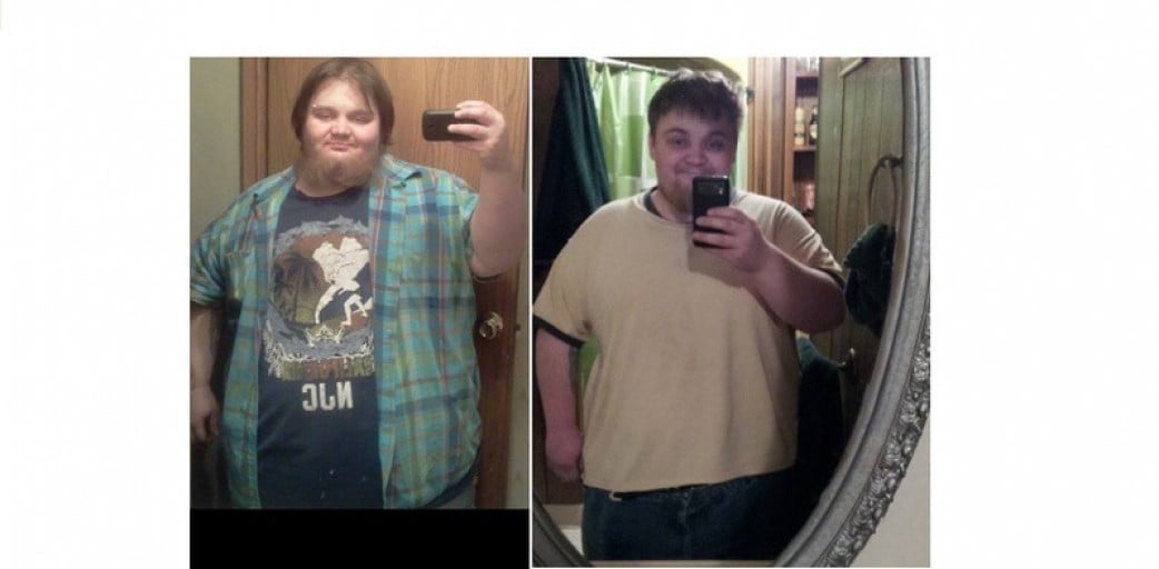 A before and after photo of a 5'6" male showing a weight reduction from 429 pounds to 349 pounds. A net loss of 80 pounds.