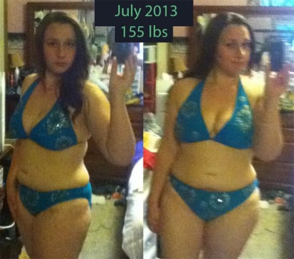 A picture of a 5'2" female showing a fat loss from 181 pounds to 155 pounds. A net loss of 26 pounds.