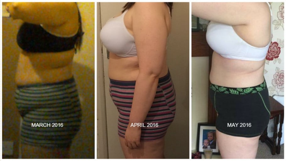 A picture of a 5'6" female showing a fat loss from 235 pounds to 222 pounds. A respectable loss of 13 pounds.